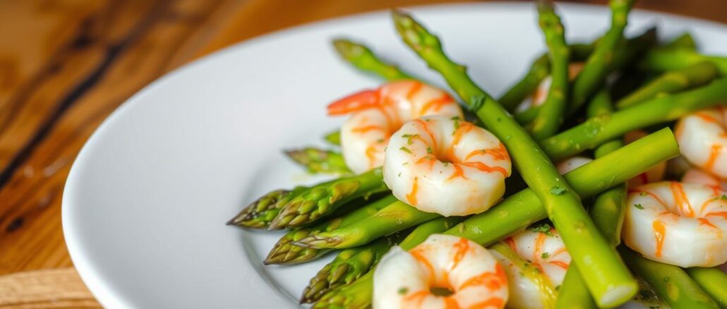 Gebratener Spargel und Shrimps