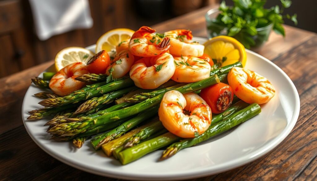 Servieren von Gebratenen Spargel und Shrimps